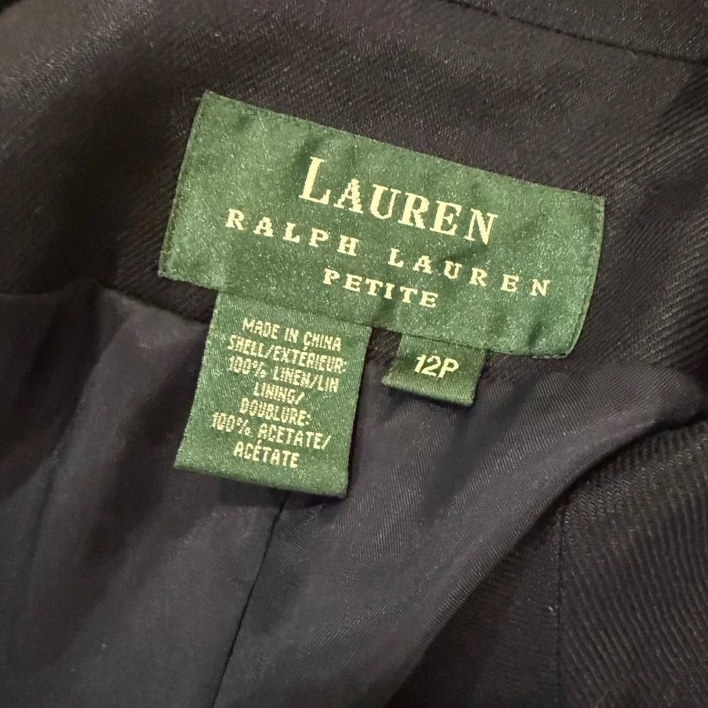Lauren Ralph Lauren Skirt Suit Womens 12P Navy Blue Linen Double Breasted Blazer